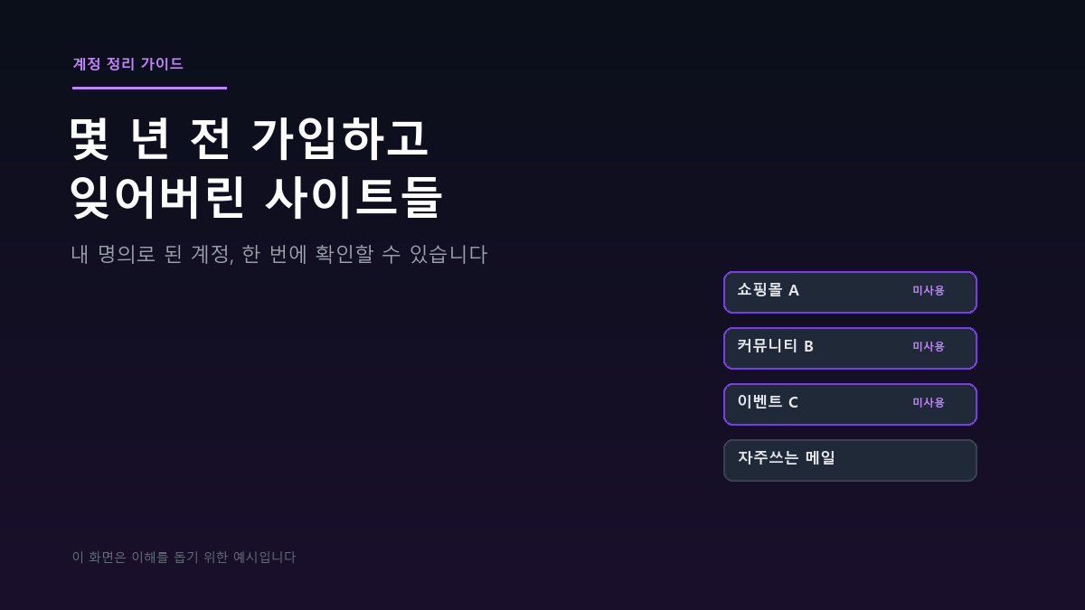 쇼핑몰, 커뮤니티, 이벤트 사이트 등 오래 사용하지 않은 계정 목록과 자주 쓰는 메일 계정을 구분해서 보여주는 예시 화면